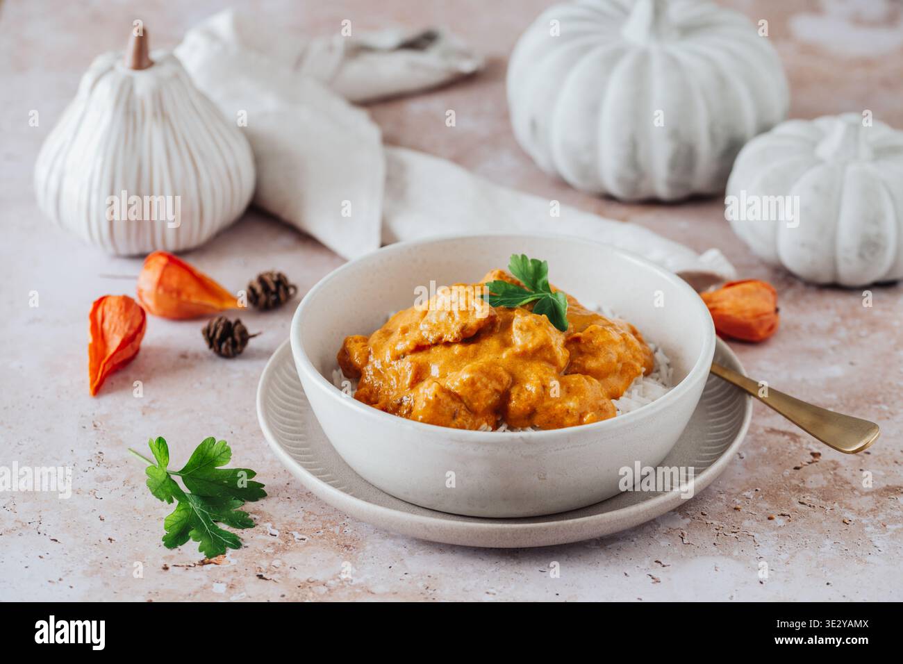 Indisches Tikka Masala Hühnercurry, Kürbiscurry, mit weißer Herbstdekoration. Stockfoto