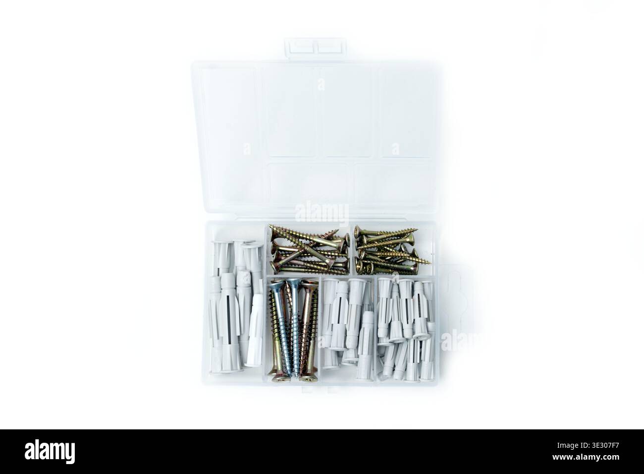 Ein offener, transparenter Kunststoff-Organizer-Kasten, gefüllt mit verschiedenen Metallschrauben und grauen Kunststoff-Wanddübeln, ordentlich in Fächern sortiert Stockfoto