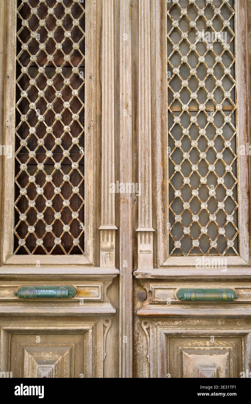 Verzierte Doppeltüren aus Holz mit Diamantgittern und Griffen aus grünem Messing, Paris Frankreich Stockfoto