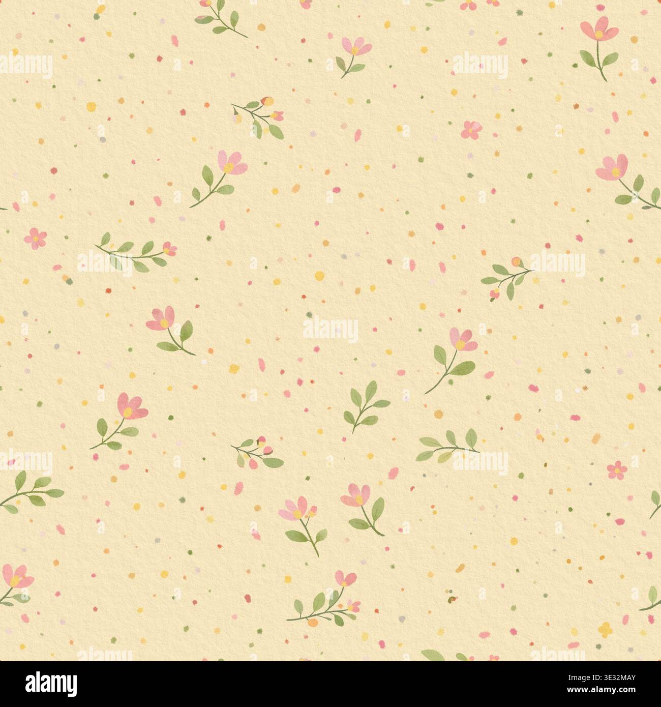 Nahtloses Aquarellmuster mit kleinen rosa Blumen, grünen Blättern und bunten gesprenkelten Textur auf warmem pastellgelbem Hintergrund Stockfoto