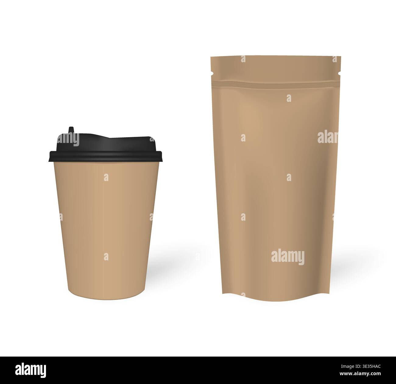 Kaffeetasse aus Kraftpapier mit Stehverschlusstasche mit Reißverschluss, Modell. Leerer Take Away Trinkbecher und Reißverschlusstasche, Modell. Vektorvorlage Stock Vektor