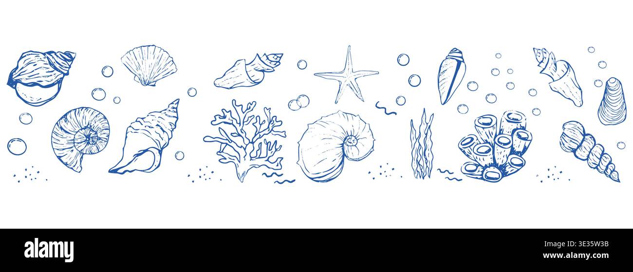 Blaue Muscheln und Seesterne setzen handgezeichnetes nahtloses horizontales Muster an der Küste. Designelemente für den Sommerurlaub für trendige Drucke. Vektorabbildung Stock Vektor