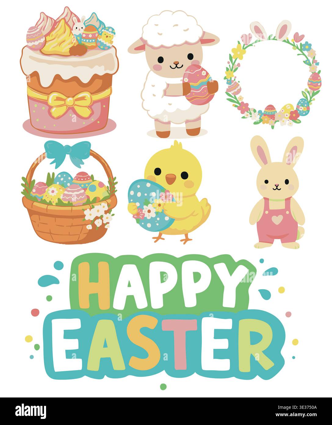 Happy Easter Hand gezeichnet Set mit Eiern, Häschen und Frühlingselementen Stock Vektor