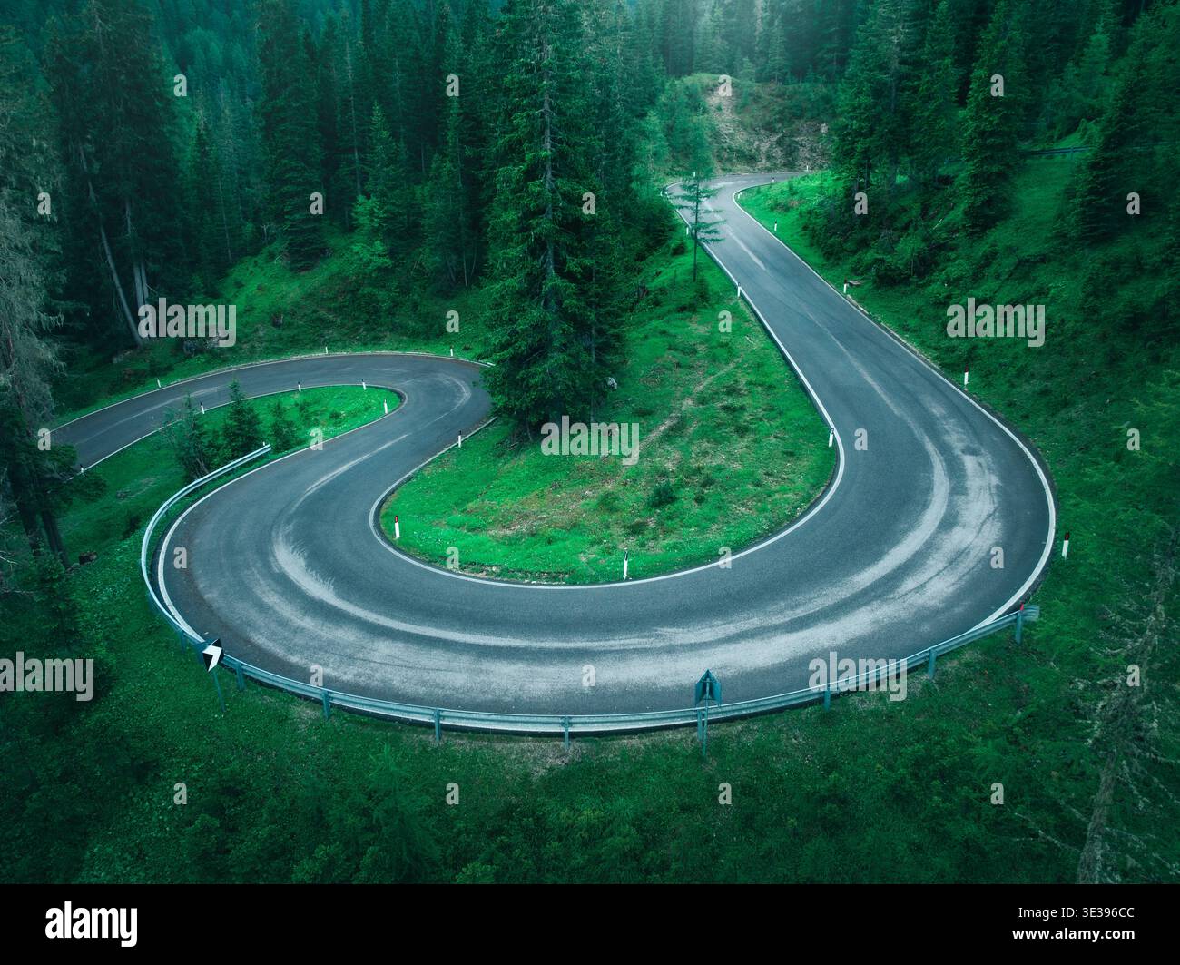 Luftaufnahme der nassen kurvigen Straße und des grünen Waldes im Sommer Stockfoto