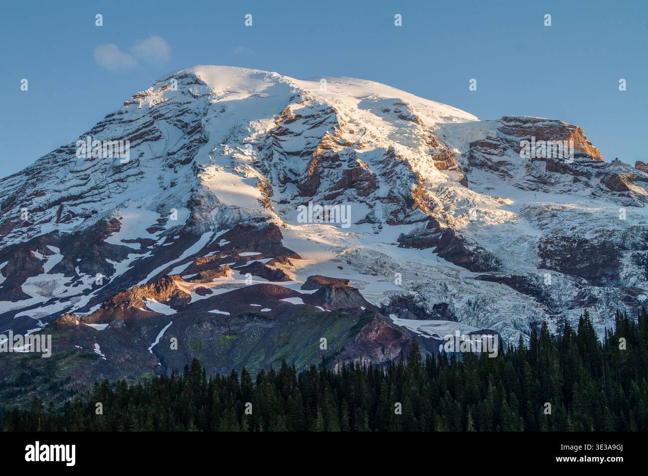 Die volle Majestät des Mount Rainier und seiner Gletscher an einem klaren Tag in Washington. Stockfoto