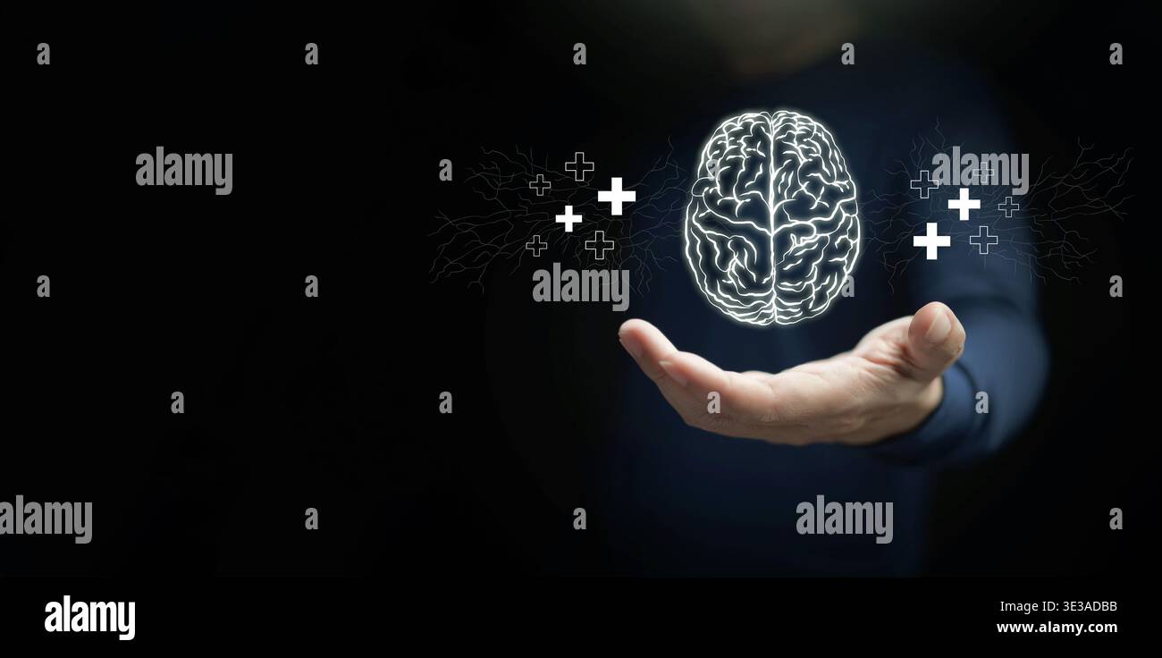 Glühendes Gehirn mit positiven Pluszeichen über der menschlichen Hand. Psychische Gesundheit, Psychologie, KI, digitale Technologie, Intelligenz, Neurowissenschaft, Datenanalyse Stockfoto