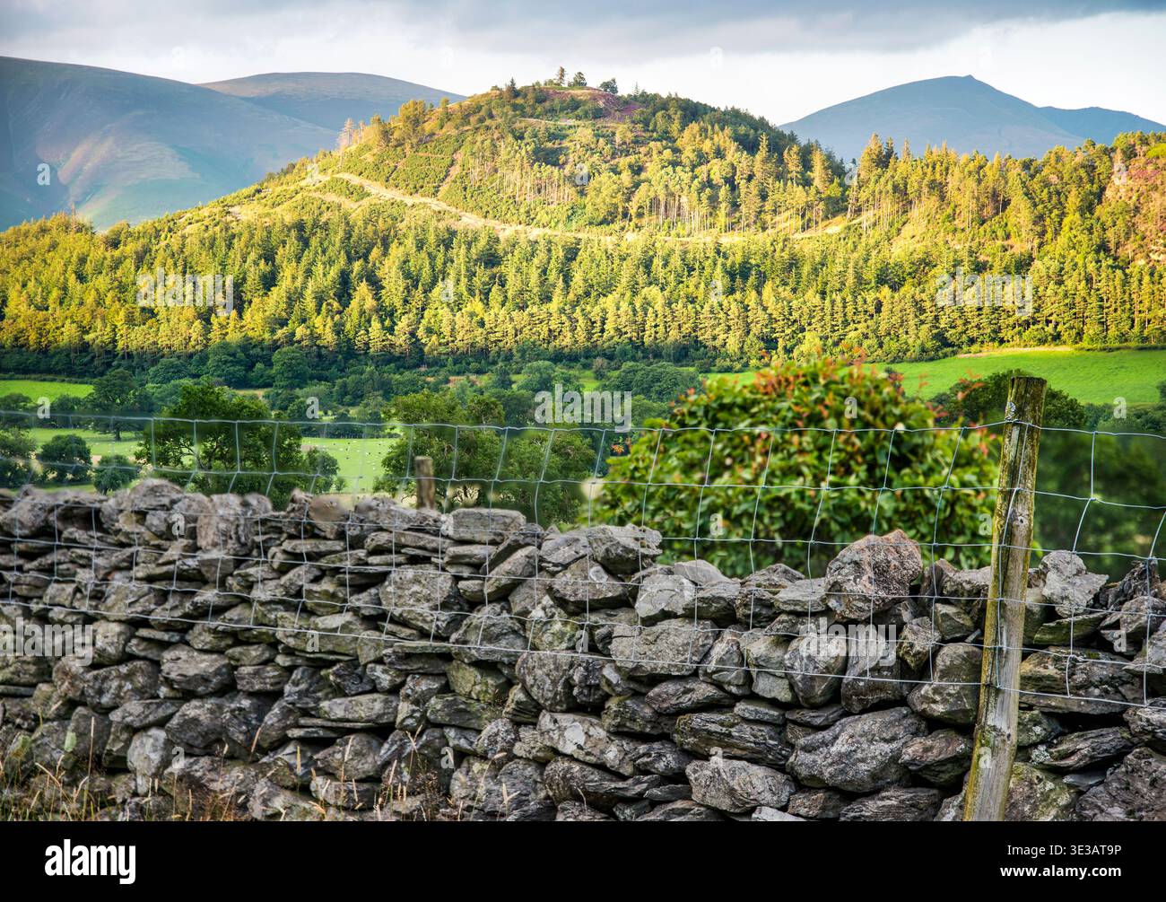 Eine traditionelle Steinmauer, vor der wunderschönen ländlichen britischen Landschaft, während die Mittsommersonne untergeht, in den Cumbrian Fells, die Buttermere und Gatesgart umgeben Stockfoto