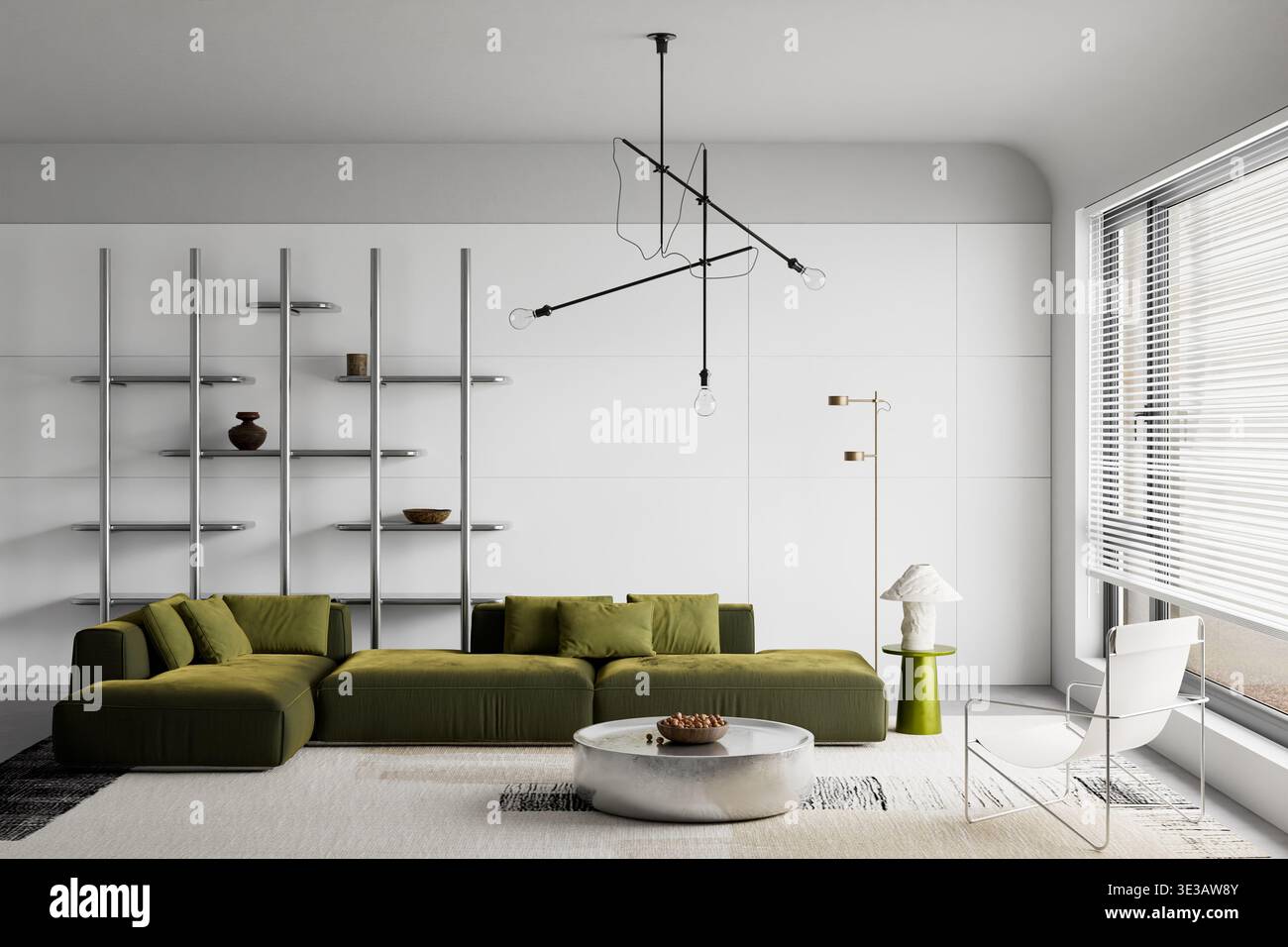 Helles, modernes Wohnzimmer mit olivgrünem Sofa und minimalistischen Möbeln. Sauberer, neutraler Innenraum mit weichem Tageslicht und moderner Komposition Stockfoto
