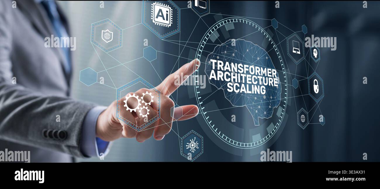 Transformer Architecture Scaling Artificial Intelligence Neural Network Expansion für große Modelle des maschinellen Lernens. Stockfoto