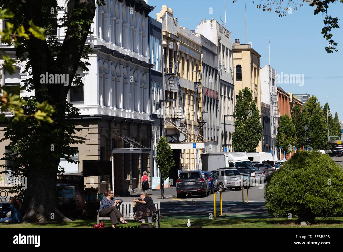 City Street im Zentrum von Dunedin, Otago, Südinsel, Neuseeland. Stockfoto