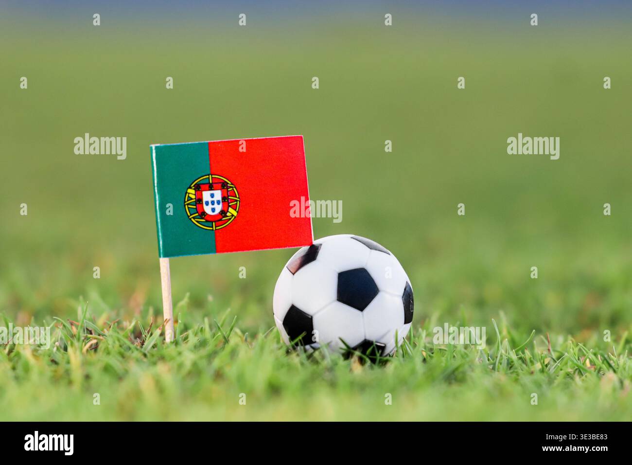Portugal Flagge auf dem Fußballfeld mit Ball. Stolz der Nationalmannschaft und internationales Turnierkonzept. Professionelle Stadionatmosphäre. Stockfoto