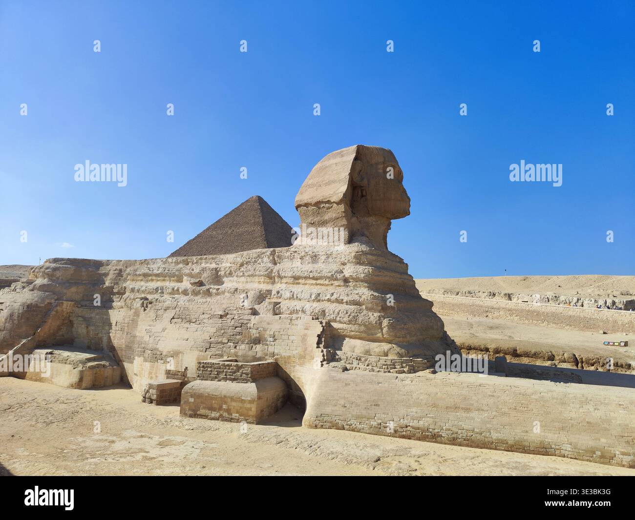 Profil Ansicht der Großen Sphinx von Gizeh mit der Pyramide von Khafre im Hintergrund Stockfoto