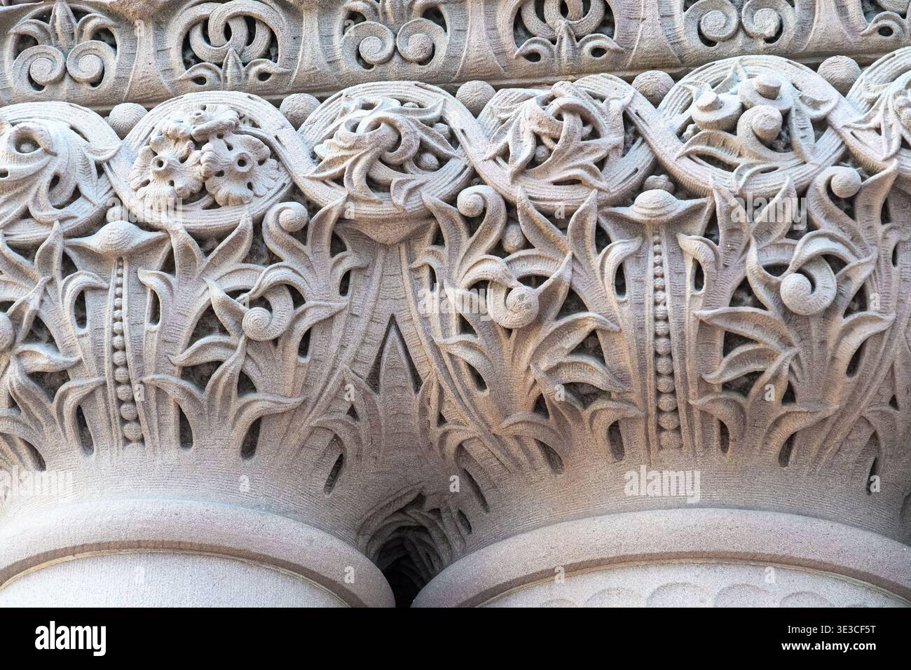 Details zum Alten Rathaus. Komplizierte Steinschnitzereien mit floralen und geometrischen Mustern zieren die Spitze der architektonischen Säulen. Stockfoto