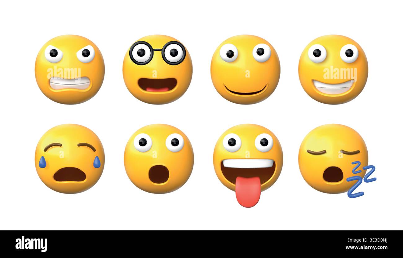 3D-Emoji. Glückliches oder trauriges Gesicht mit Mund und Augen. Zeichentrickfilm Emoticon oder Social-Media-Charakter. Fröhliches Zwink-Avatar-Lächeln. Schlafen oder weinen. Überraschtes Symbol. Emotionen im Gesichtsausdruck. Blase Smileys Vektorsatz Stock Vektor