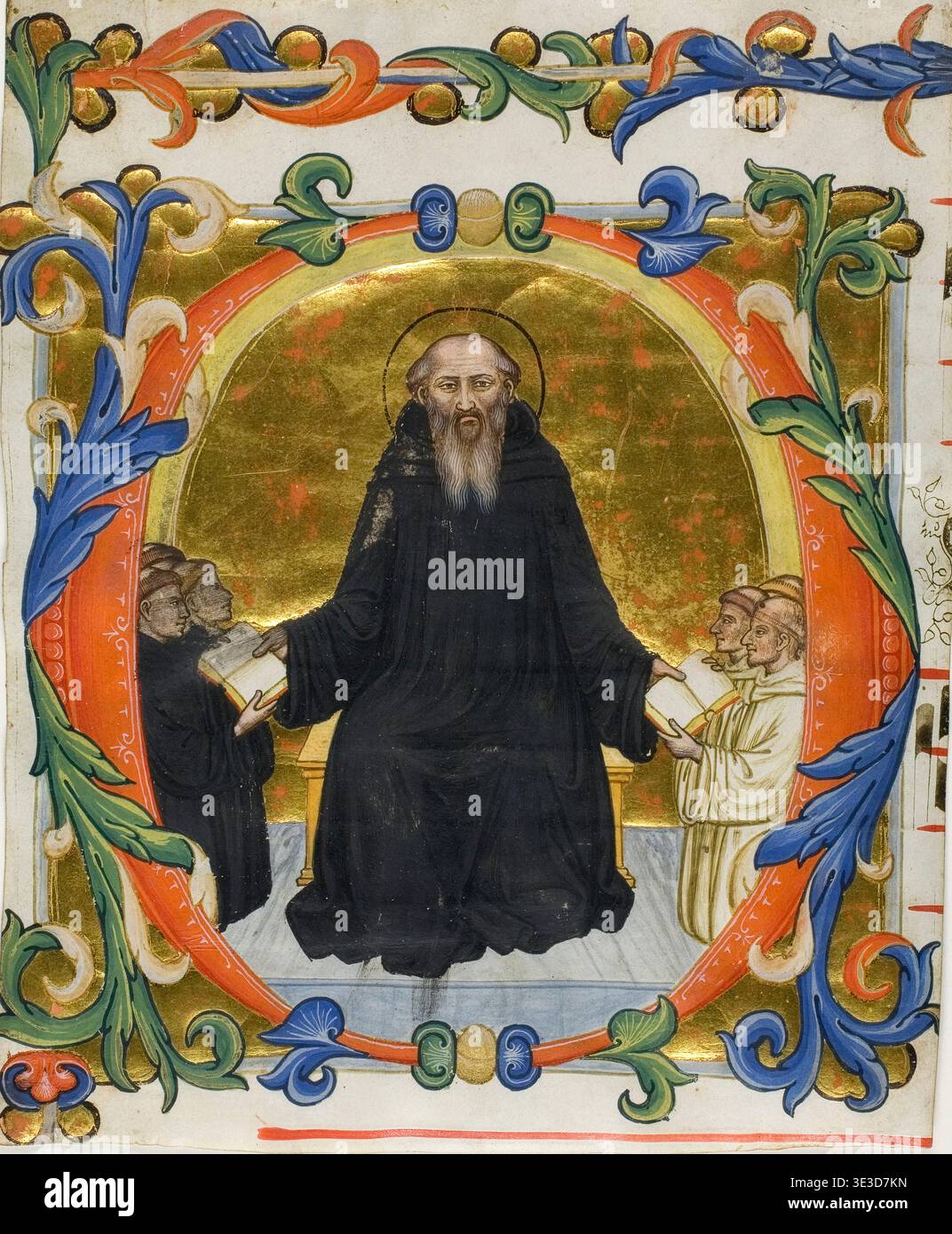 Der heilige Benedikt stellt seine Herrschaft den Benediktinern und Zisterziensermönchen in einem historischen Initial „O“ aus einem Choirbook vor Datum: 1394/95 Italienisch (Siena) Martino di Bartolomeo (Italienisch, 1389-1434/5) 1394/95 Stockfoto