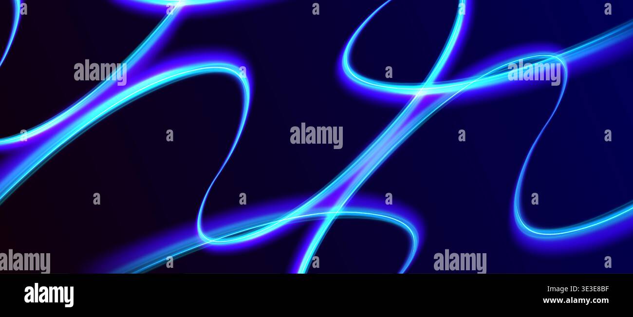 Dynamische abstrakte Neonlichtspuren in leuchtendem Blau und Lila auf tiefschwarzem Hintergrund, futuristische digitale Energiewellen und fließende Leuchtkraft Stock Vektor