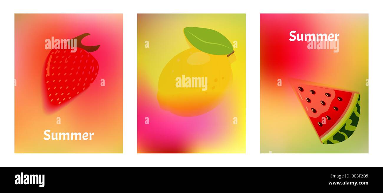 Sommer Set Poster abstrakter bunter Verlauf und Frucht Element Mesh Hintergrund. Entwerfen Sie Beiträge in sozialen Medien, Landing Pages und Apps. Vektorabbildung. Stock Vektor
