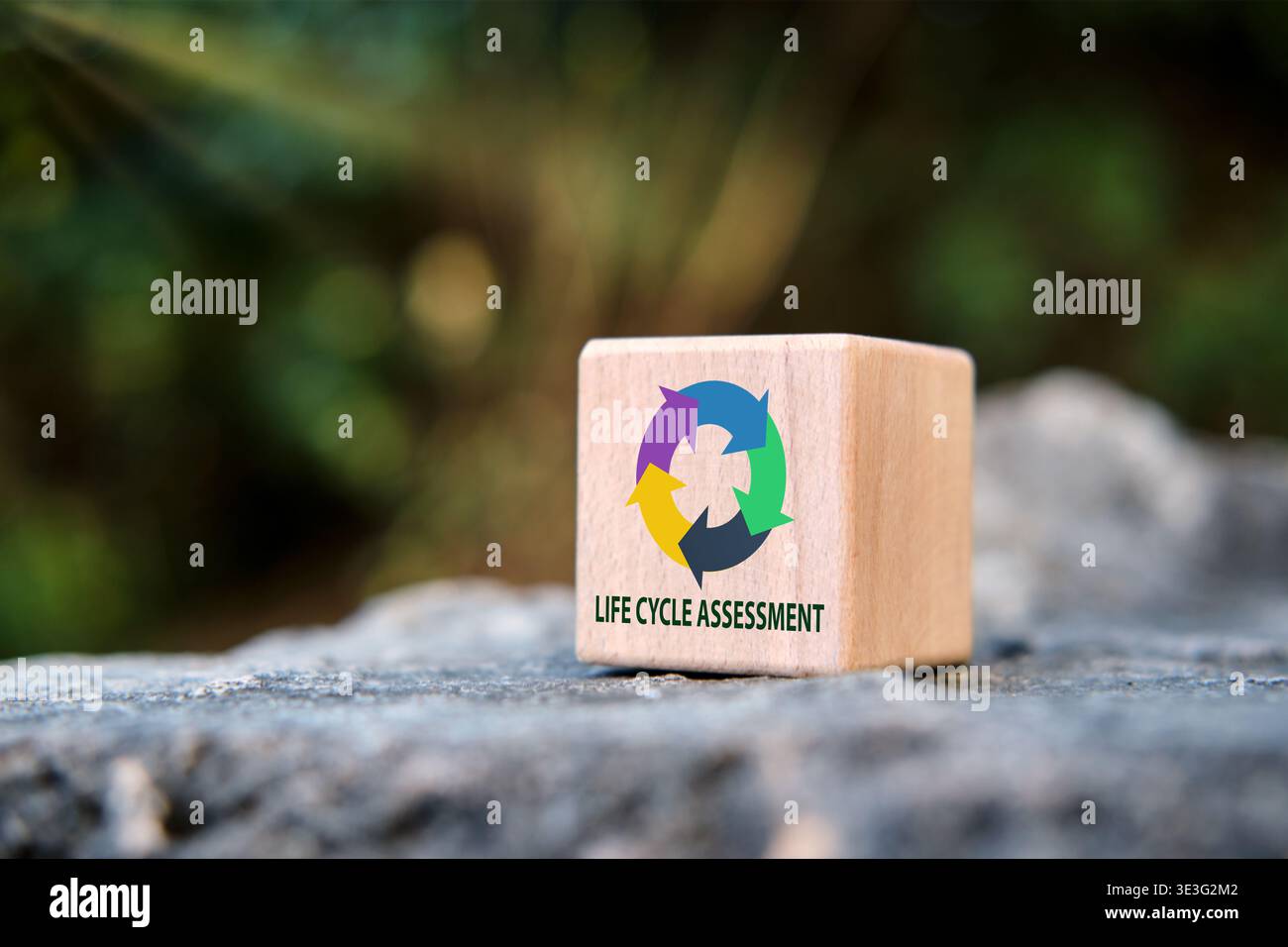 Holzblock mit dem Text zur Ökobilanz und dem Recycling-Symbol, das Nachhaltigkeit und Umweltauswirkungen repräsentiert Stockfoto