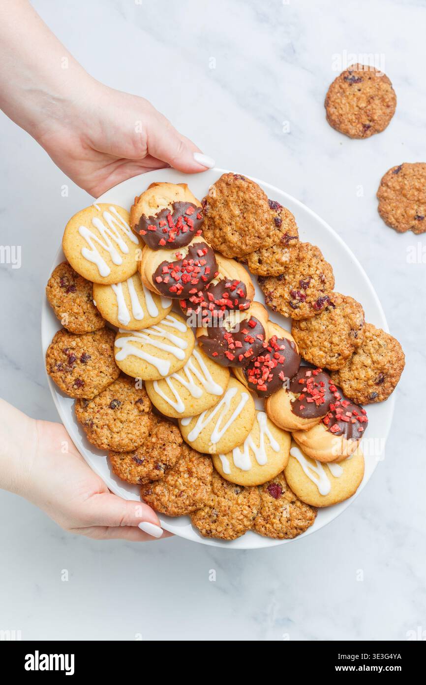 Frisch gebackene hausgemachte Kekse - Zitrone, Shortbread mit Schokolade und Himbeeren (Erdbeeren) und Haferflocken mit Preiselbeeren. Nachtisch auf einer weißen Platte Stockfoto
