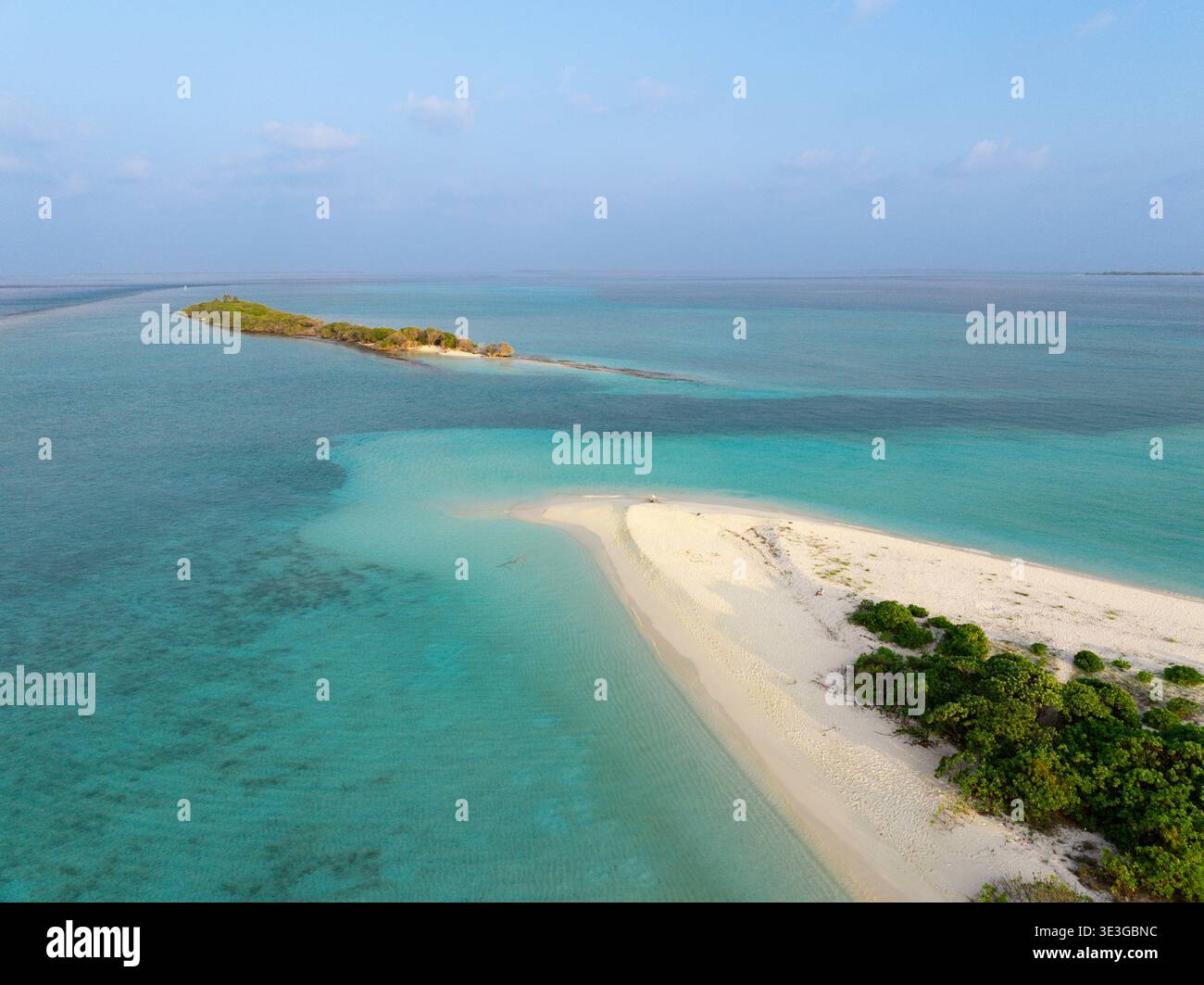 Vashafaru, Malediven - 24. Januar 2026: Aus der Vogelperspektive das türkisfarbene Wasser, umgeben von einer unberührten weißen Sandbank, gespickt mit üppiger grüner Vegetation u Stockfoto