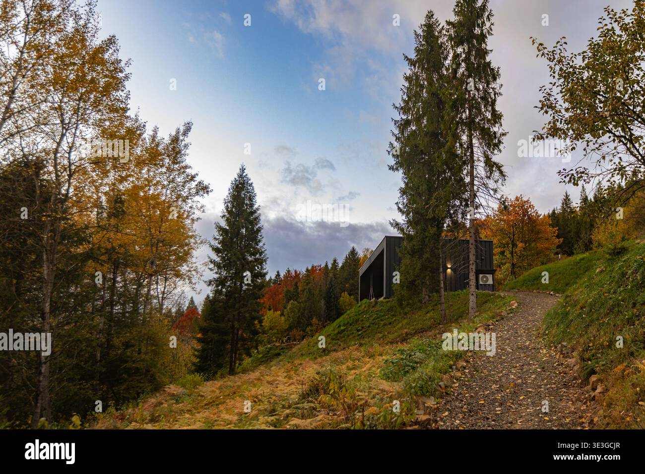 Moderne dunkle Barnhouse Hütte auf Herbstwald Hügel mit Kiesweg Stockfoto