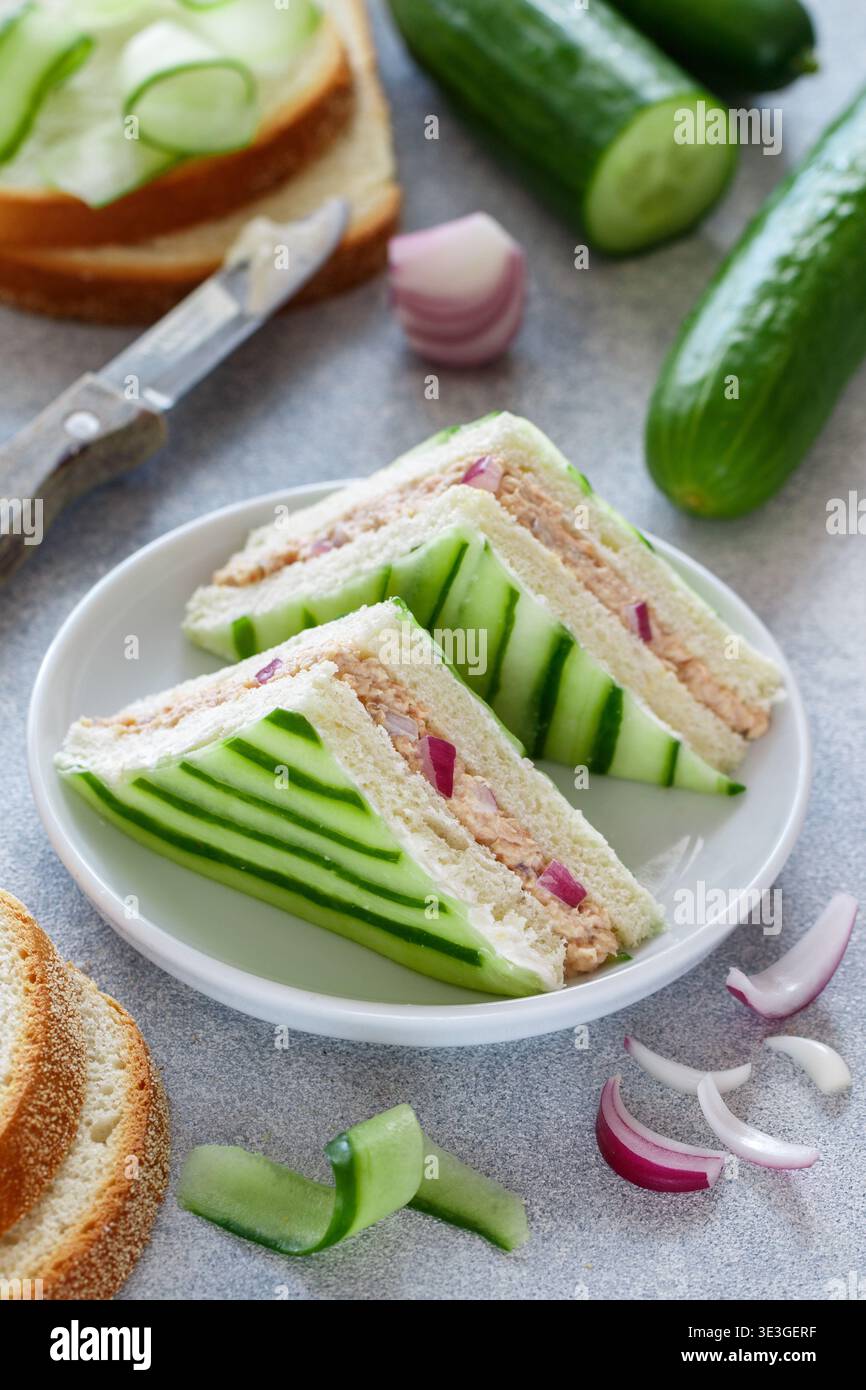 Traditionelle englische Teesandwiches mit Lachs, roten Zwiebeln, Hüttenkäse (Frischkäse, Ricotta) und frischer Gurke. Eine leichte Vorspeise für Gourmets. Stockfoto