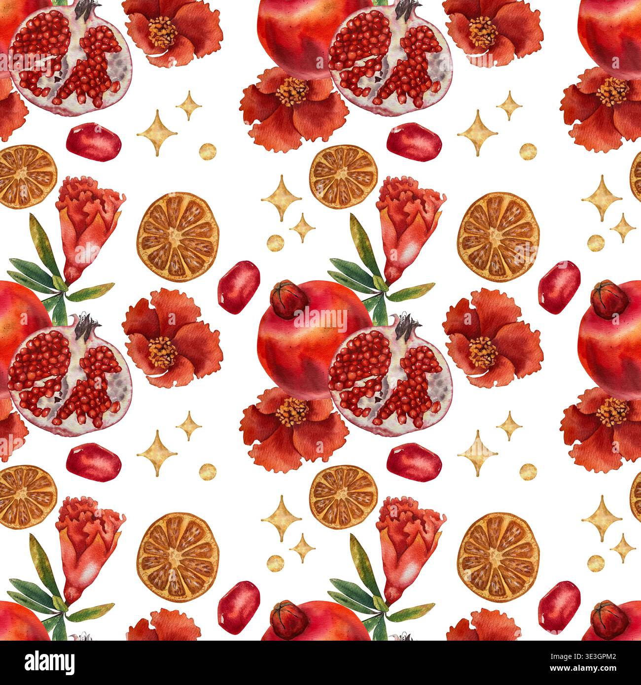 Nahtloses Aquarellmuster ganze und geschnittene Granatäpfel orange Scheiben rote Blüten Blätter und goldene Glitzerelemente. Illustration zum Verpacken von Tee Stockfoto