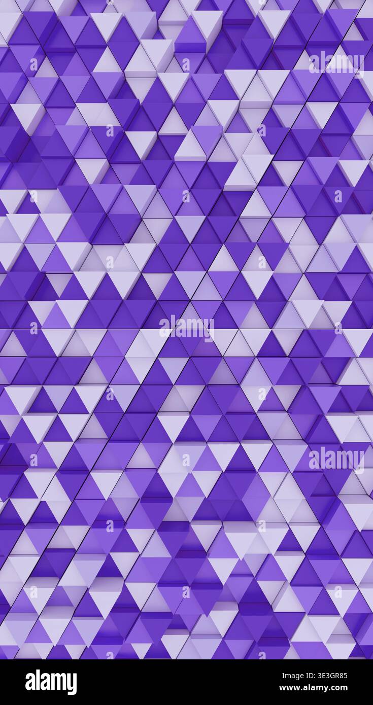 Violette und weiße Dreiecke schaffen ein dynamisches abstraktes geometrisches 3D-Muster, perfekt für moderne digitale Hintergründe oder Texturen Stockfoto