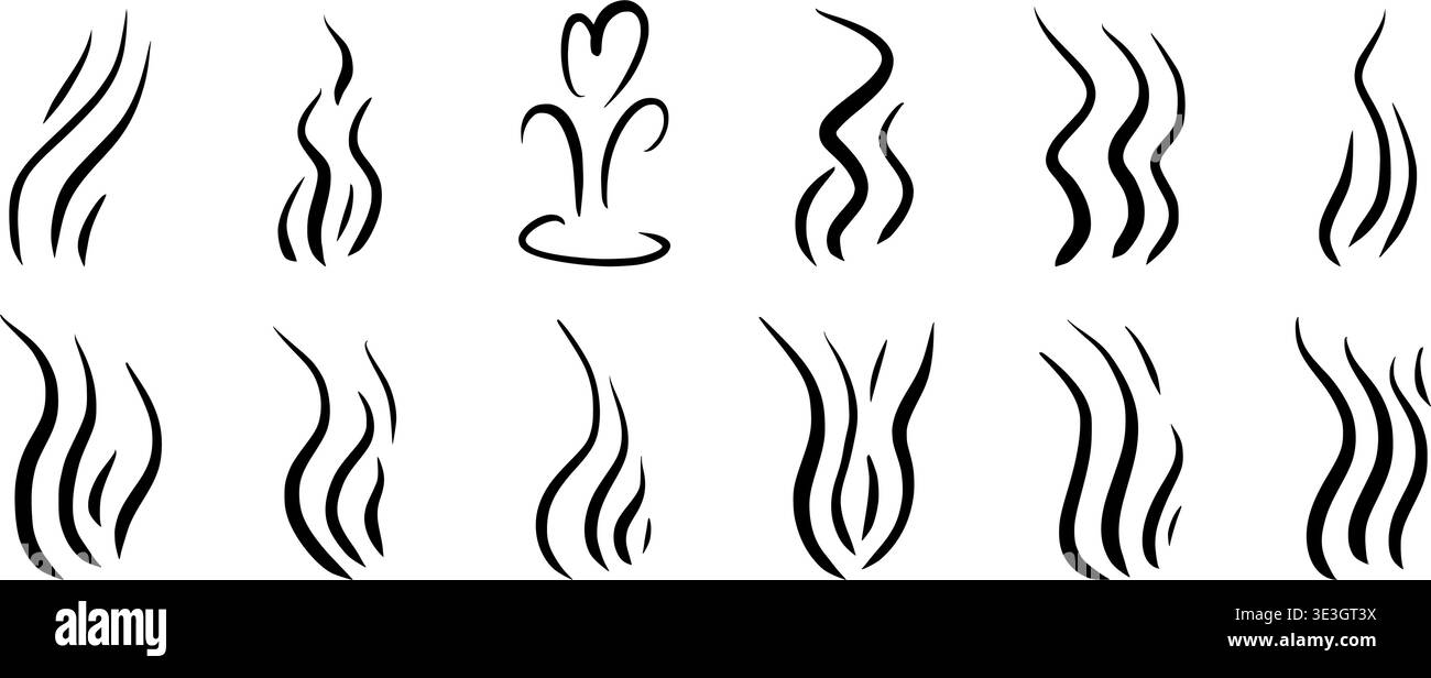 Aromatische Duftdampfleitungen mit rauchenden Rauchwellen. Handgezeichnete Scribble-Illustration, die heißen Dampf zeigt, der mit Wärmeeffekt steigt. Perfekt zum Essen Stock Vektor