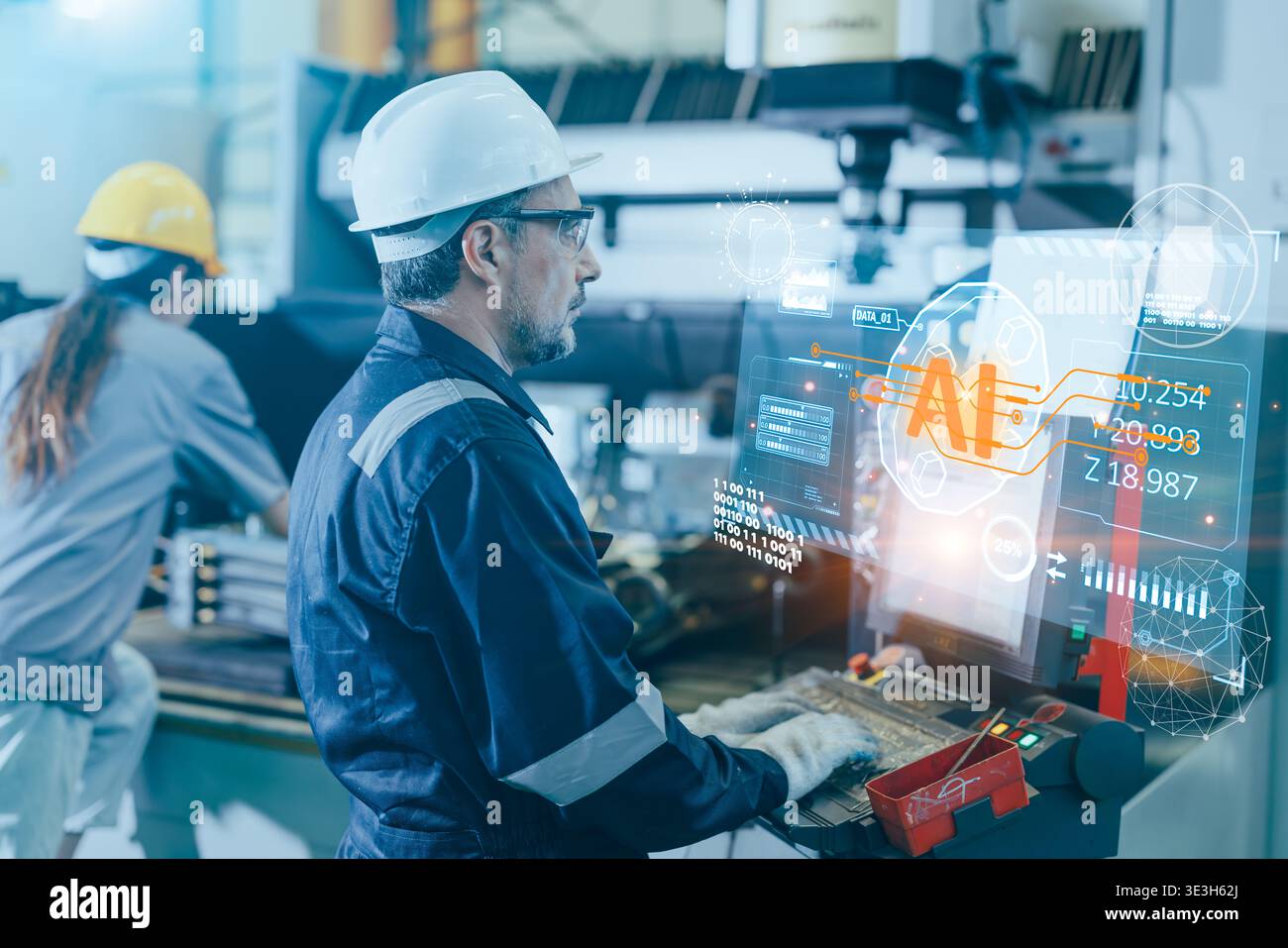 KI-Technik. Männliche Ingenieure arbeiten in der modernen Industrie mit KI-Technologie Grafikdesign Konzept für Hintergrundhintergründe Stockfoto