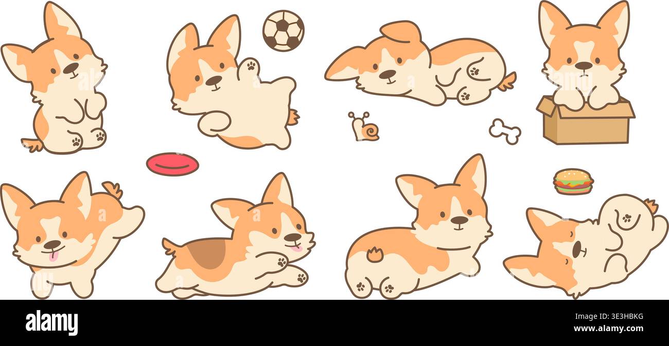 Lustige Kawaii-Welpen. Niedliches Corgi-Welpenspiel, in Pappkarton sitzend, schlafend. Aufkleber mit niedlichen Hunden, Kinder-Zeichentrick-Haustier-Maskottchen, heutzutage Stock Vektor