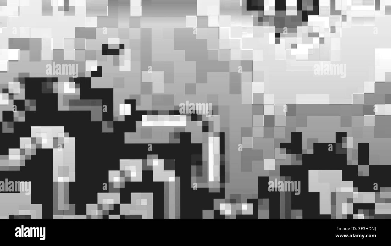 Schwarz-weiß gepixelte Glitch-Textur mit digitaler Komprimierung Stockfoto