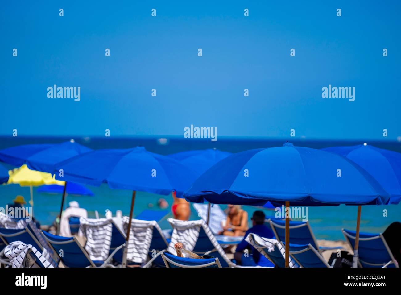 Blaue Sonnenschirme mit Meer- und Himmelhintergrund Stockfoto