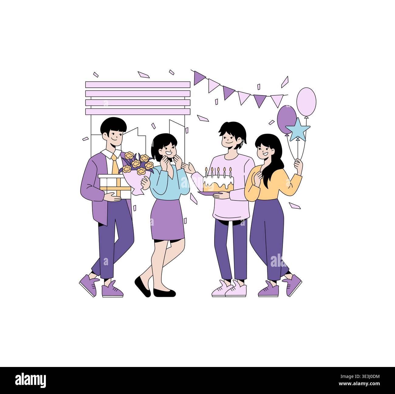 Vektorillustration einer Gruppe, die einen Geburtstag feiert. Eine Person hält einen Kuchen, eine andere bietet Geschenke und Ballons an, während eine überraschte Person mit Freude und Begeisterung reagiert. Stock Vektor