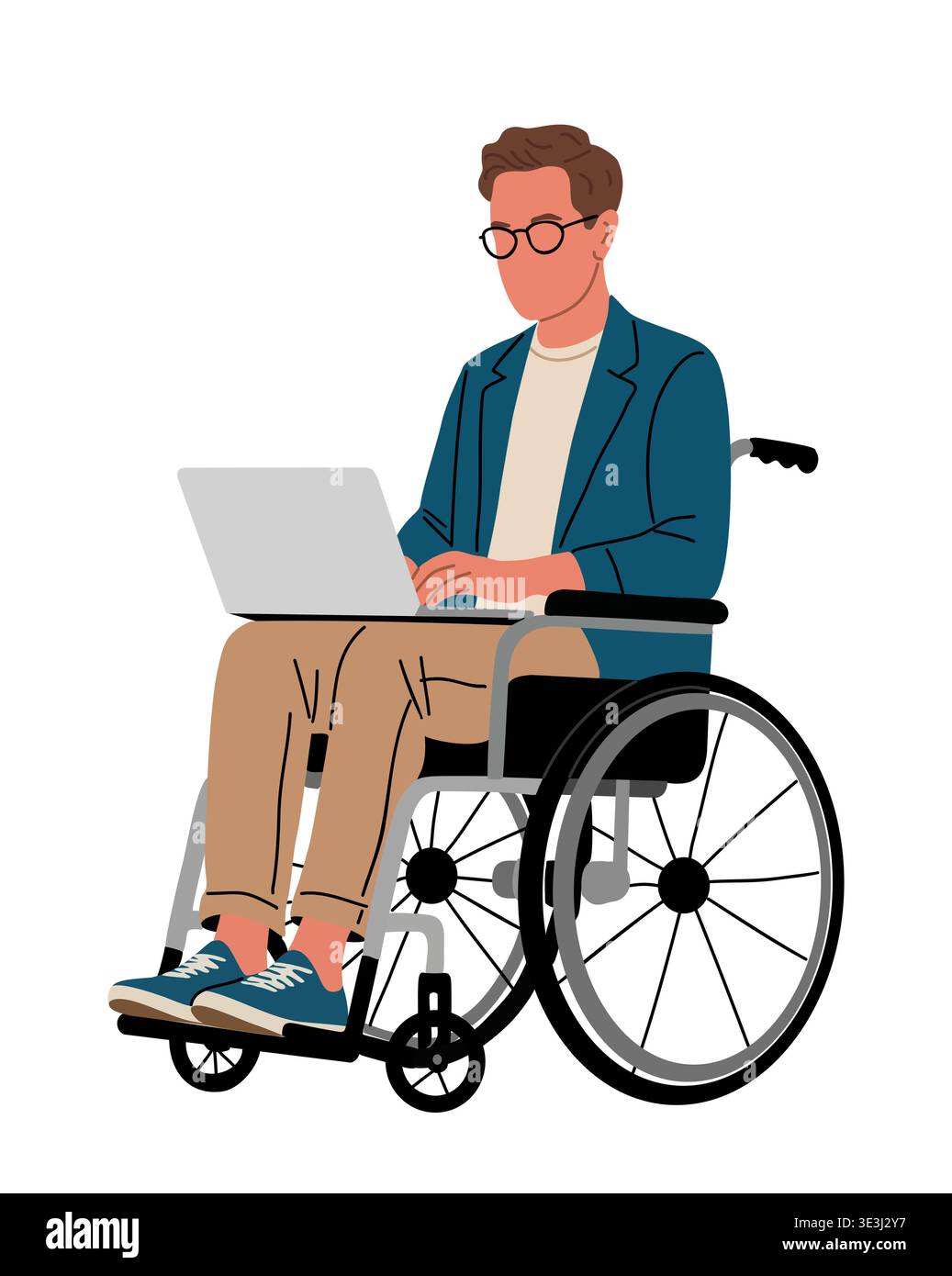 Geschäftsmann, der Rollstuhl benutzt und an einem Laptop arbeitet Stock Vektor