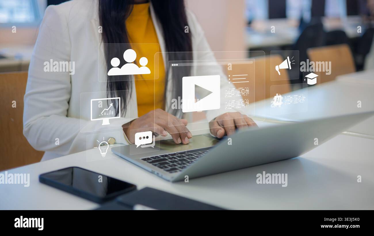 Video-Marketing-Strategie für Unternehmenswachstum.Online-Bildung und e-Learning-Plattform-Konzept.Erstellung digitaler Inhalte und Video-Streaming-Service.Bus Stockfoto