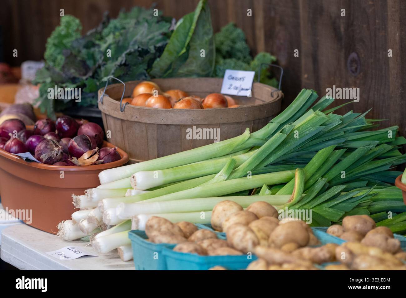 Ein farbenfroher Bauernmarkt mit frischem Lauch, roten und gelben Zwiebeln, Kartoffeln und Blattgemüse, die in Körben und Behältern angeordnet sind, die an f erinnern Stockfoto