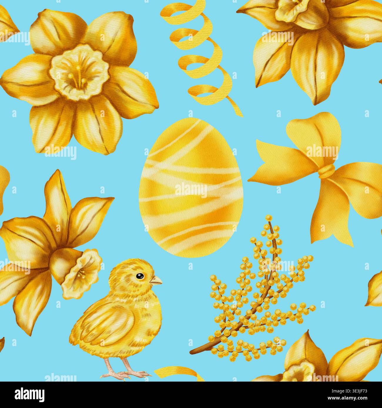 Leuchtendes, nahtloses Muster in Aquarellen mit gelben Narzissen, süßem Küken, Mimosa und gestreiftem Osterei. Festlicher Frühlingshintergrund für Urlaubspaket Stockfoto