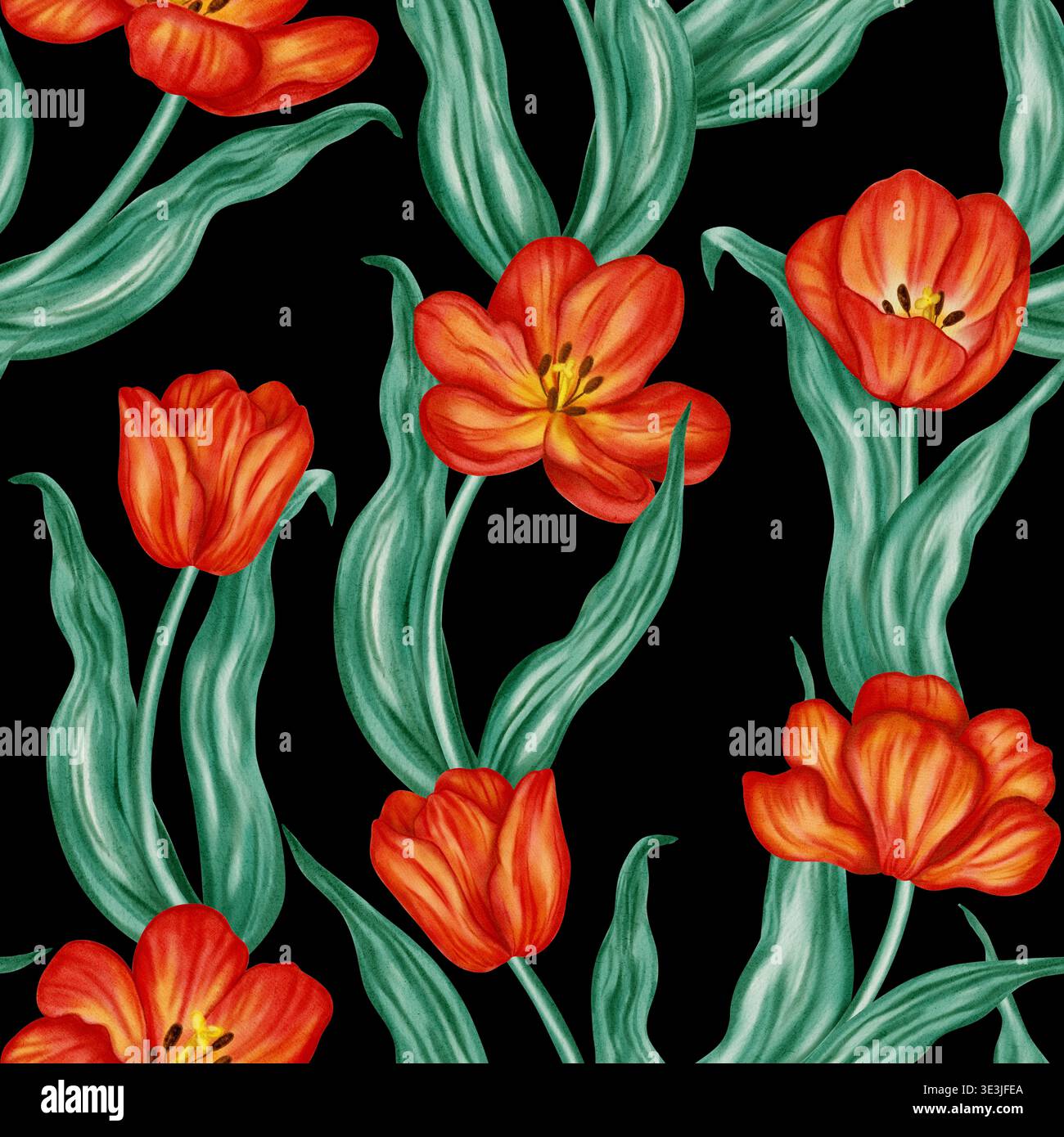 Nahtloses Aquarellmuster mit leuchtend roten Tulpen und grünen Blättern. Eleganter floraler Hintergrund für Frühlingsferien, Ostermotive, Textil und Verpackung Stockfoto