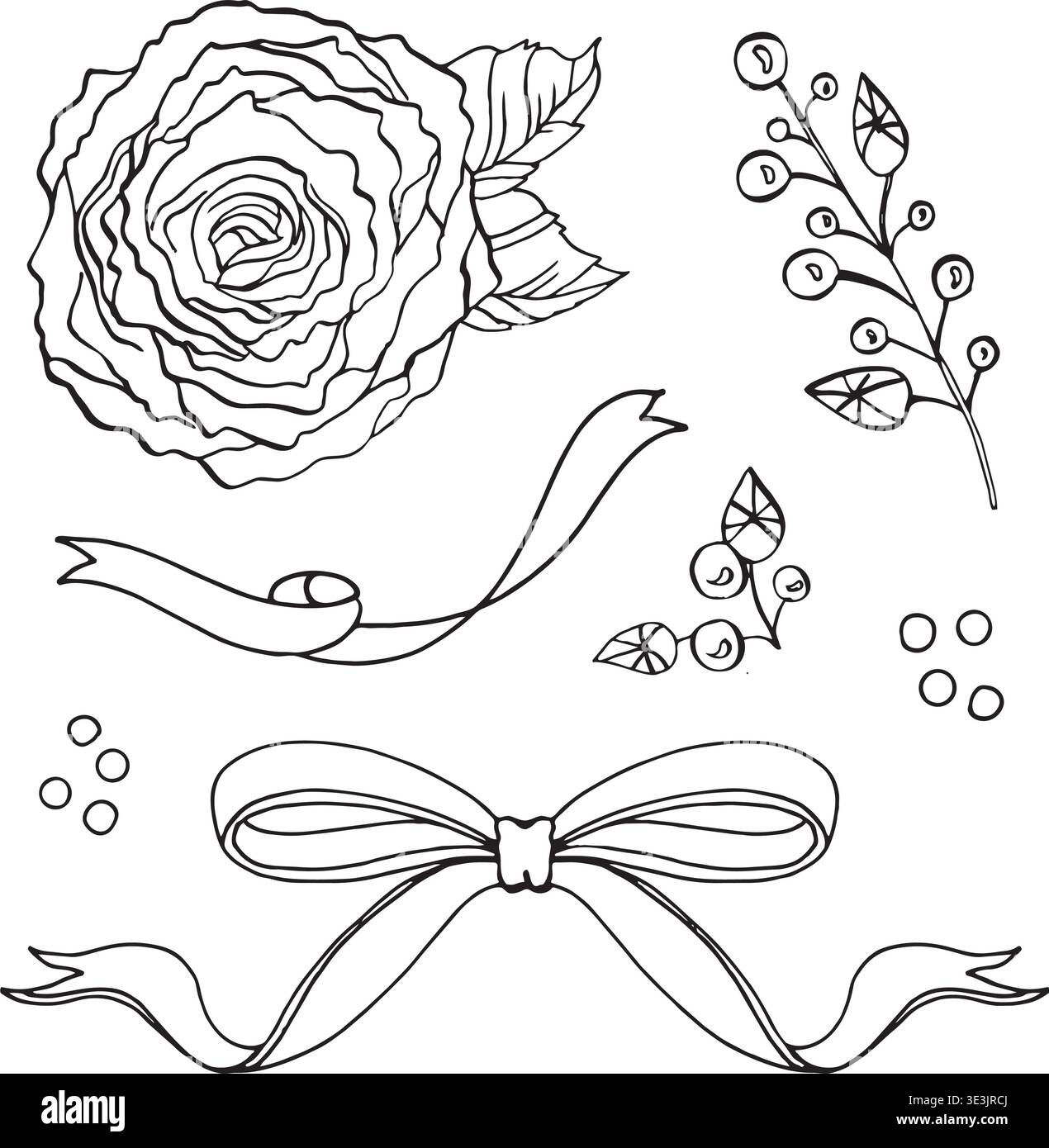 Sammlung von handgezeichneten Umrisszeichnungen, einschließlich einer detaillierten Rosenblume, Blättern, Beerenzweigen, einer großen Schleife mit langen Enden und einer fließenden Stock Vektor