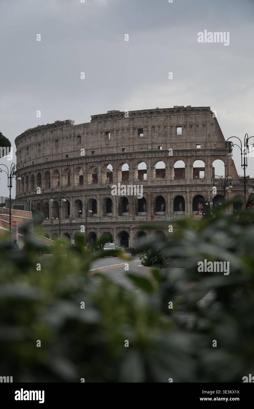 Kolosseo, Flavisches Amphitheater. Rom, Italien. Antike Flavianische Amphitheaterfassade, sichtbar hinter dunklem Grün im Vordergrund und einer Straße. Stockfoto