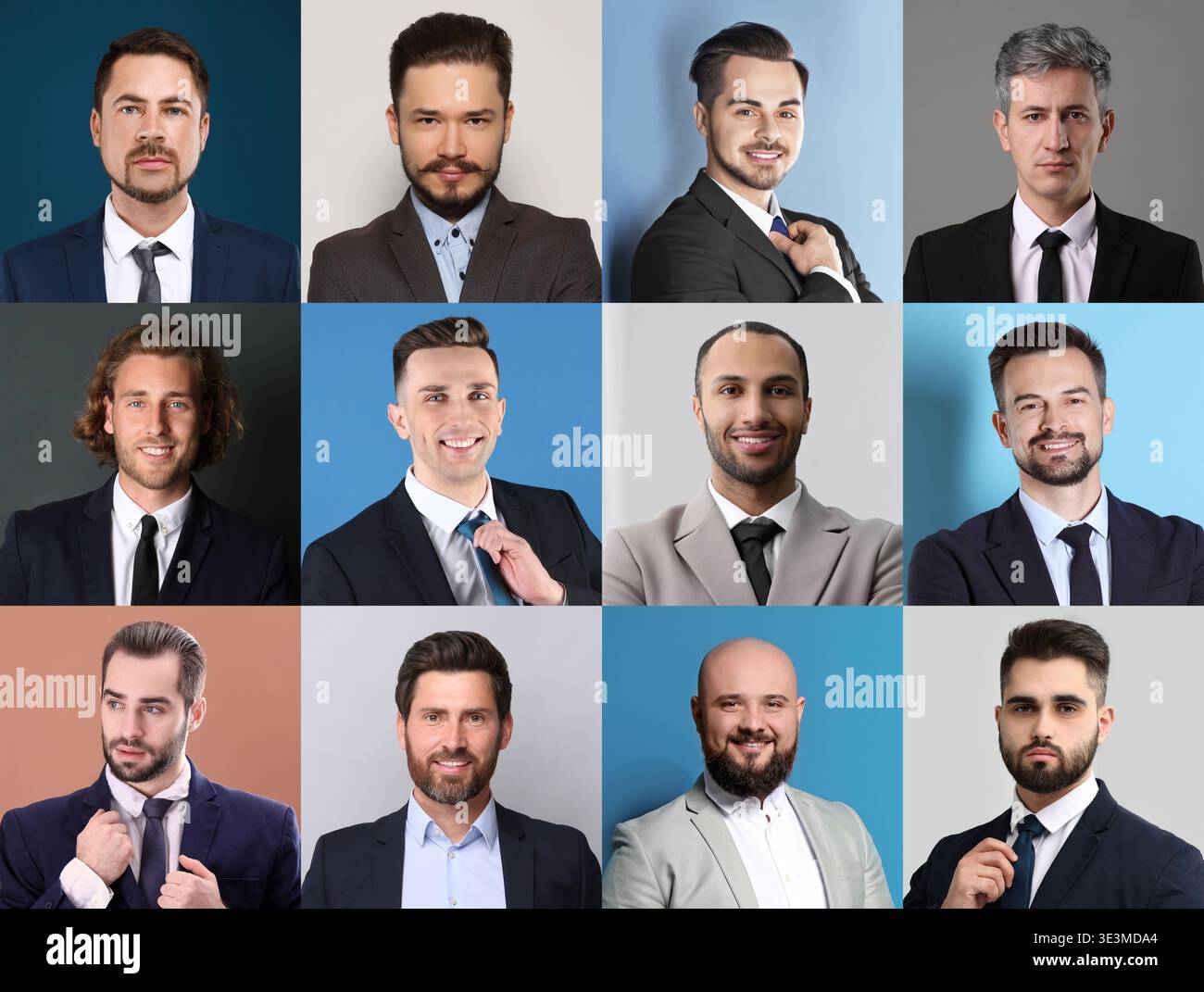 Große Sammlung männlicher Porträts. Männer unterschiedlichen Alters Stockfoto