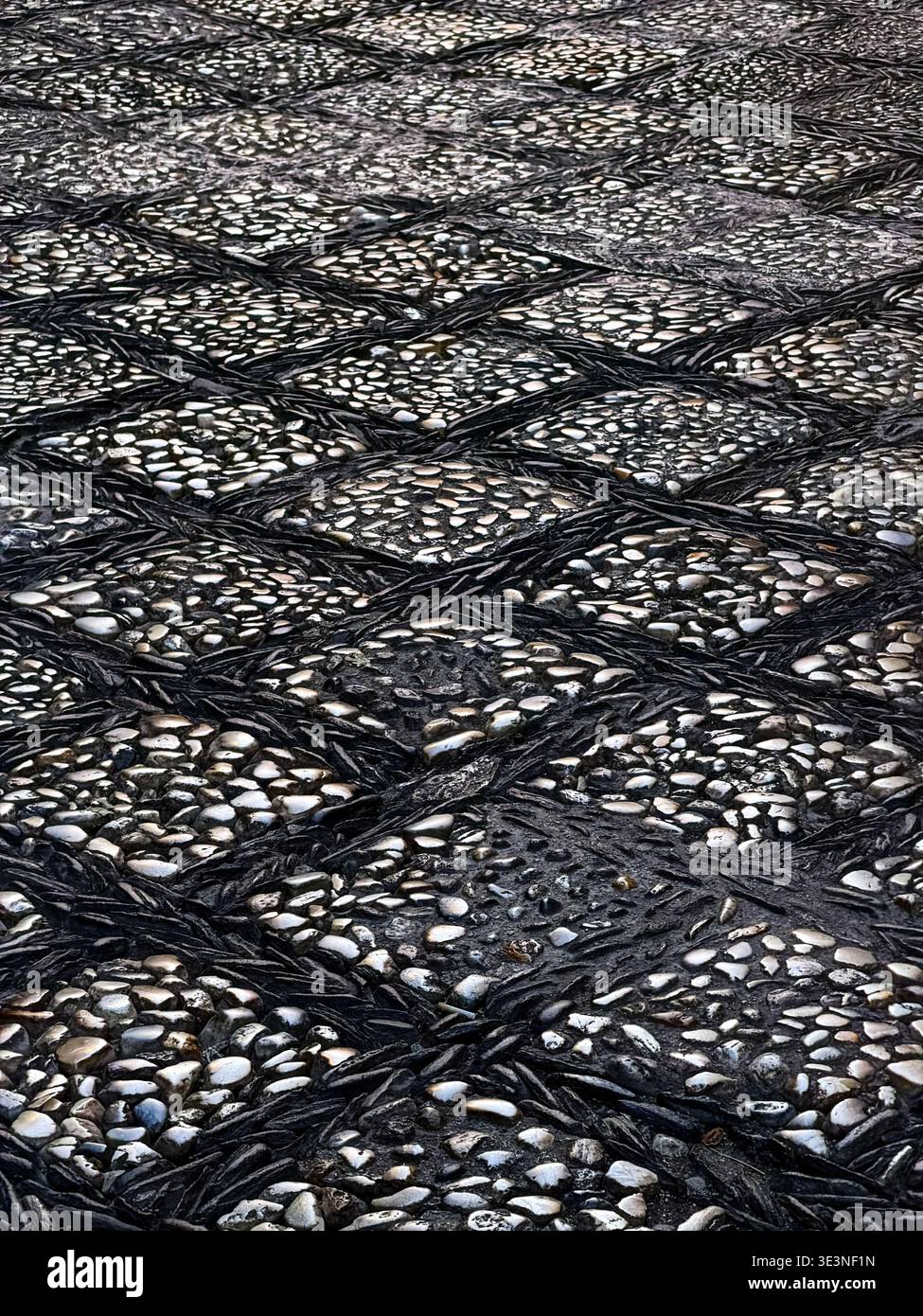 Ein quadratisches Muster auf einem Bürgersteig ist mit weißen Steinen in Granada, Spanien, gefüllt. Stockfoto