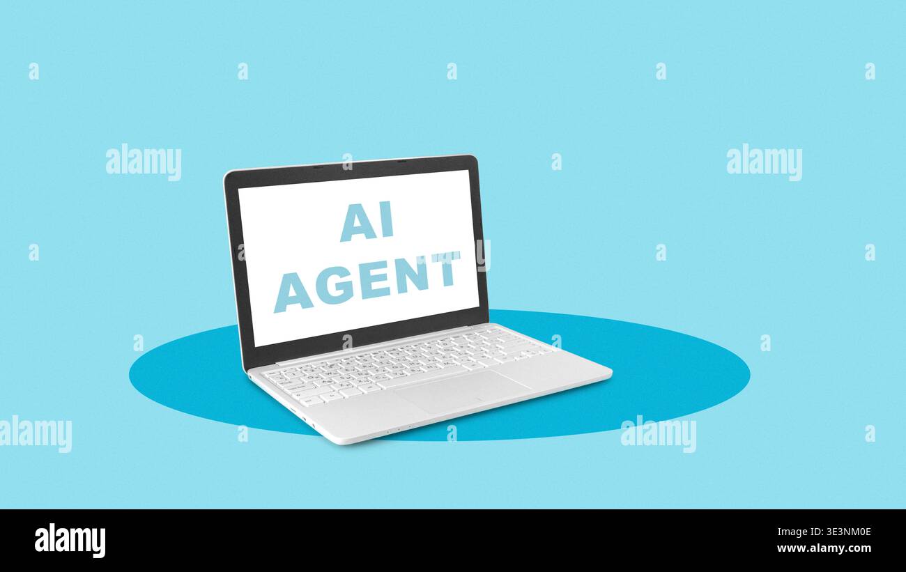 Laptop zeigt Text über AI-Agenten auf einem einfachen blauen Hintergrund an, ohne dass andere Elemente sichtbar sind Stockfoto