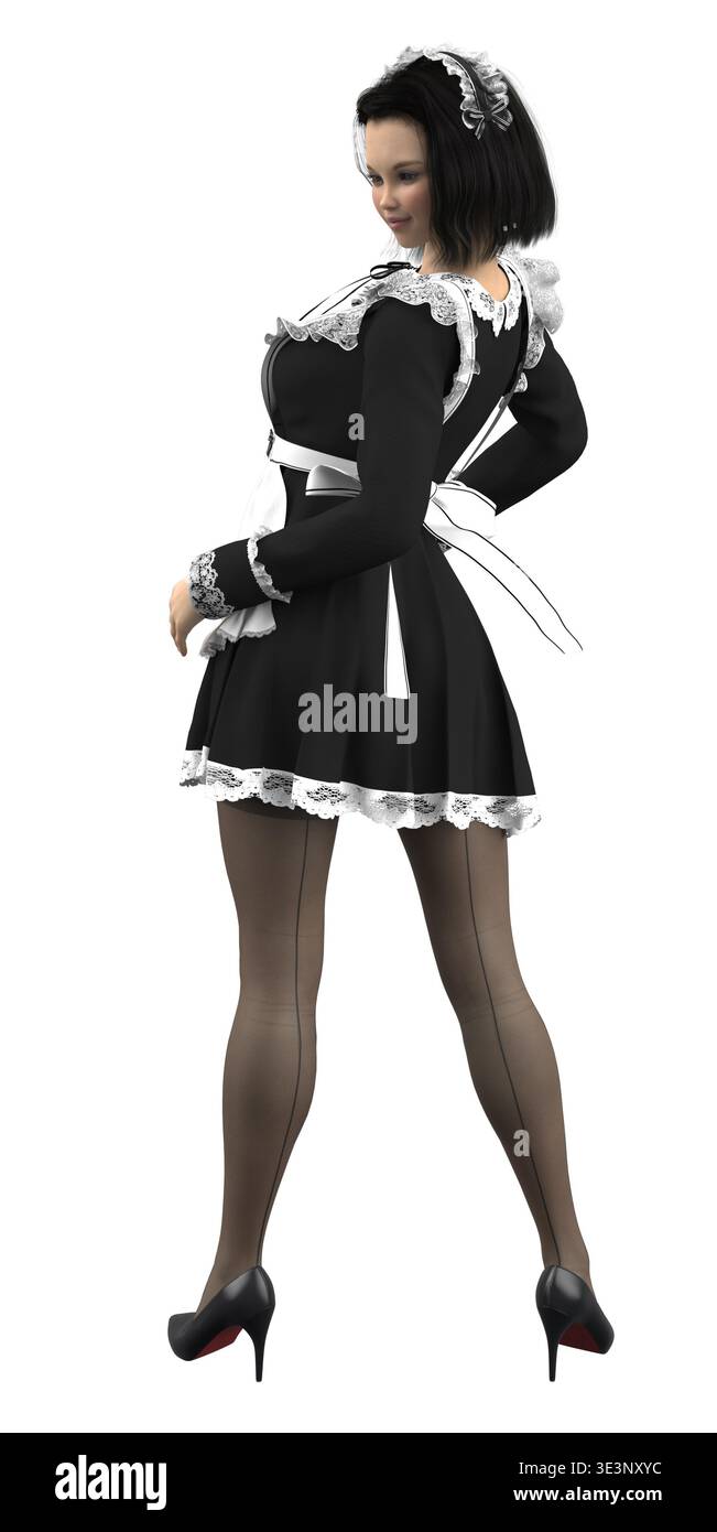 3D-gerenderte Frau posiert selbstbewusst in einem detaillierten schwarz-weißen Dienstmädchen-Outfit mit Spitzenbesatz, Schürze und Absatzschuhen. Ideal für Cosplay, Charakter de Stockfoto