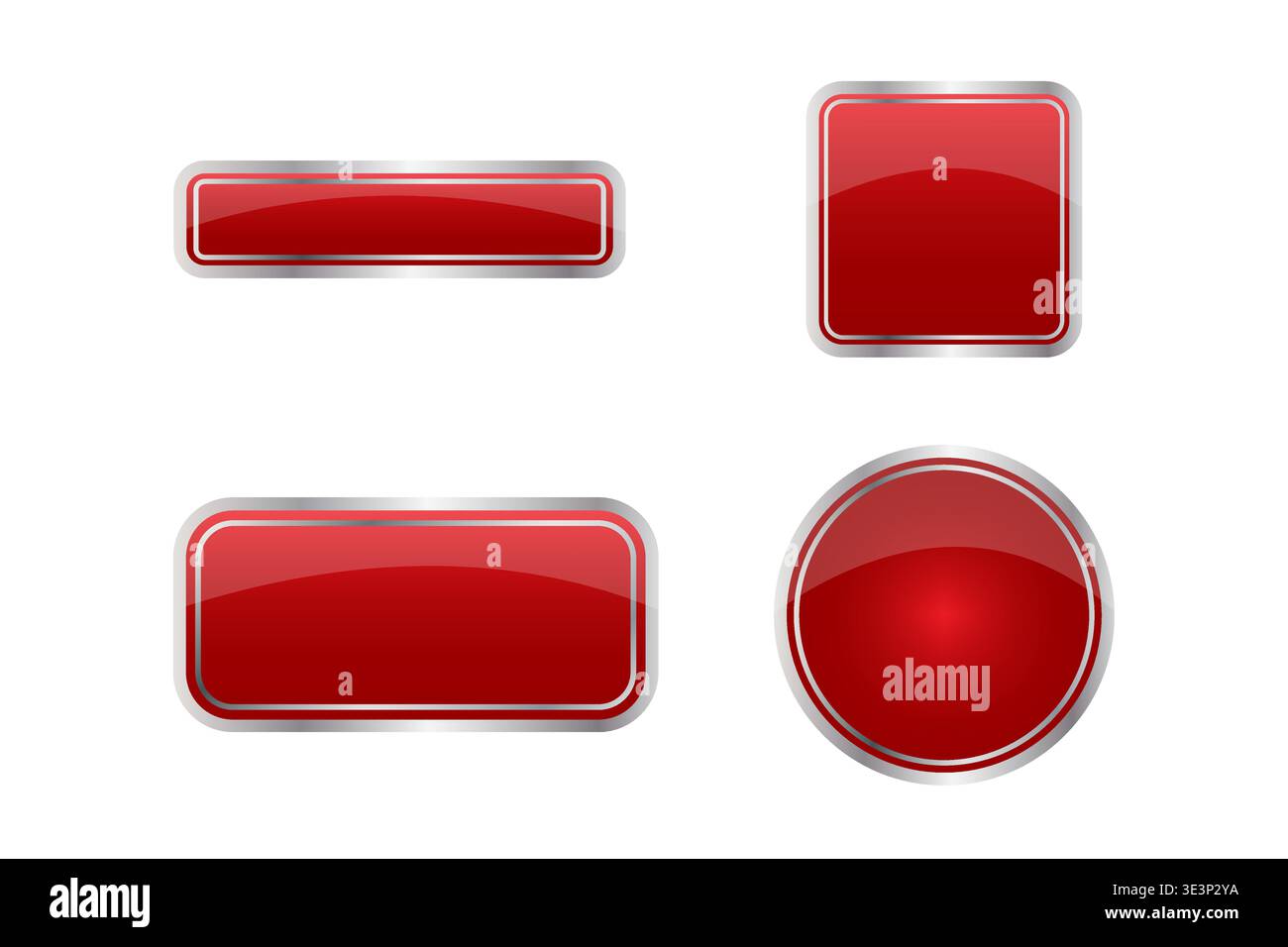 Rot glänzende Tasten. Glänzender Glasvektor. Symbol für das Web-Bedienfeld. Runde quadratische Symbole. Nur manueller Vektor. Kein autotrace verwendet. Stock Vektor