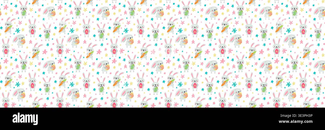 Nahtloses Muster mit niedlichen Kaninchen, Karotten, Ostereiern und Blumen auf hellem Hintergrund. Farbenfrohe Frühlingsillustration, perfekt für Stoff, Geschenkpapier, Kinderdesign, Textilien und Urlaubsdekor. Stock Vektor
