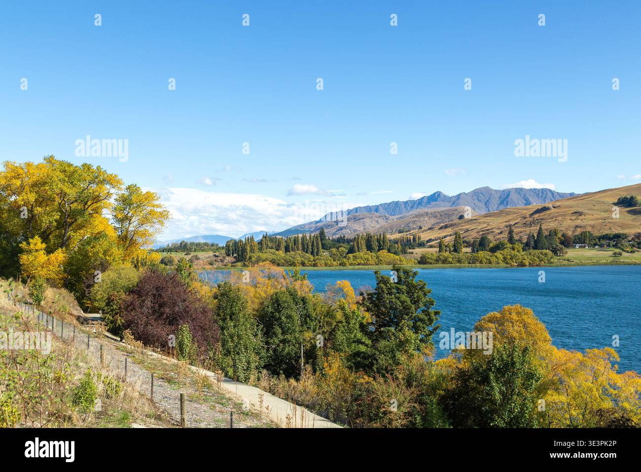 Blick über den Lake Hayes an einem wunderschönen sonnigen Herbsttag Central Otago, Südinsel, Neuseeland Stockfoto