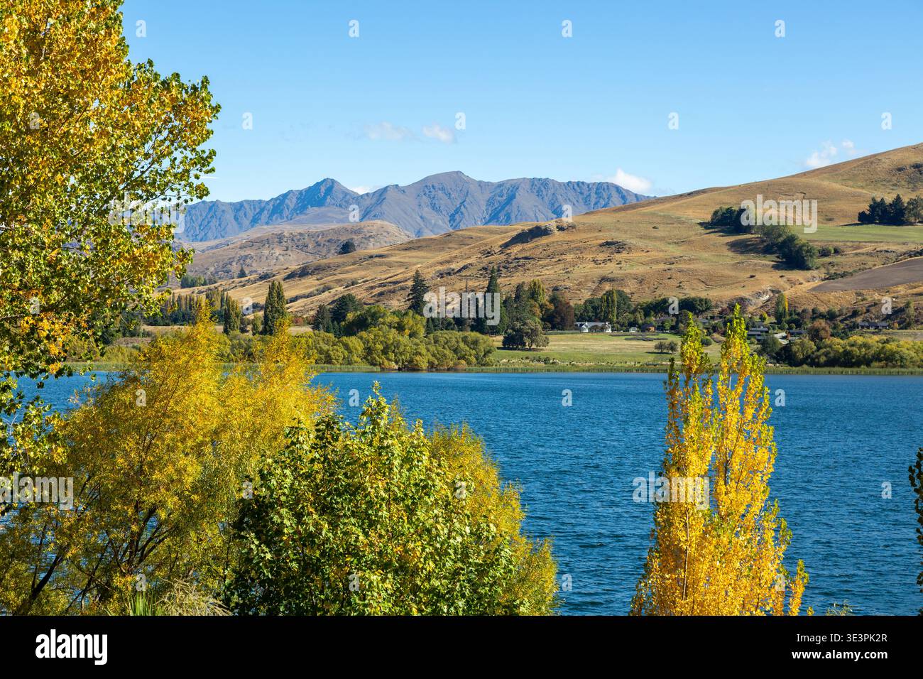 Blick über den Lake Hayes an einem wunderschönen sonnigen Herbsttag Central Otago, Südinsel, Neuseeland Stockfoto