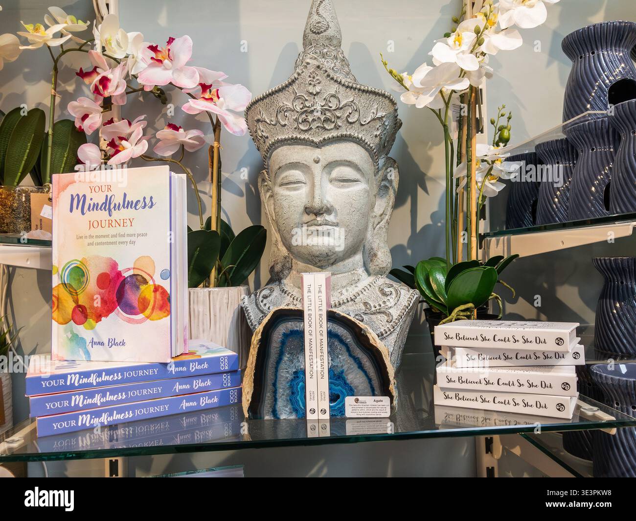 Eine Ausstellung von Wellness-Material zum Verkauf im Harlestone Heath Garden Centre, Northamptonshire, Großbritannien Stockfoto